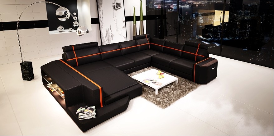 Ecksofa LED USB Ledersofa Modernes Sofa Couch U Form Wohnlandschaft +Beleuchtung