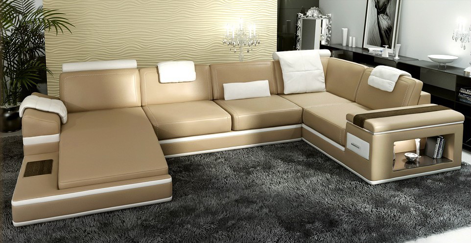Ecksofa Sofa Beige USB Couch Polster Leder Garnitur Wohnlandschaft Ecke Wohn LED