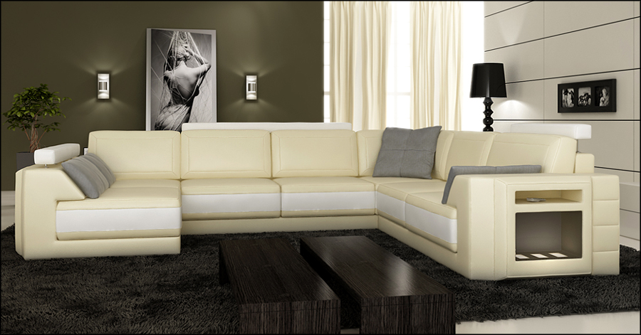Designersofa Ecksofa Couch Ledersofa Polster Sitz Eck Garnitur +Licht PHM3027