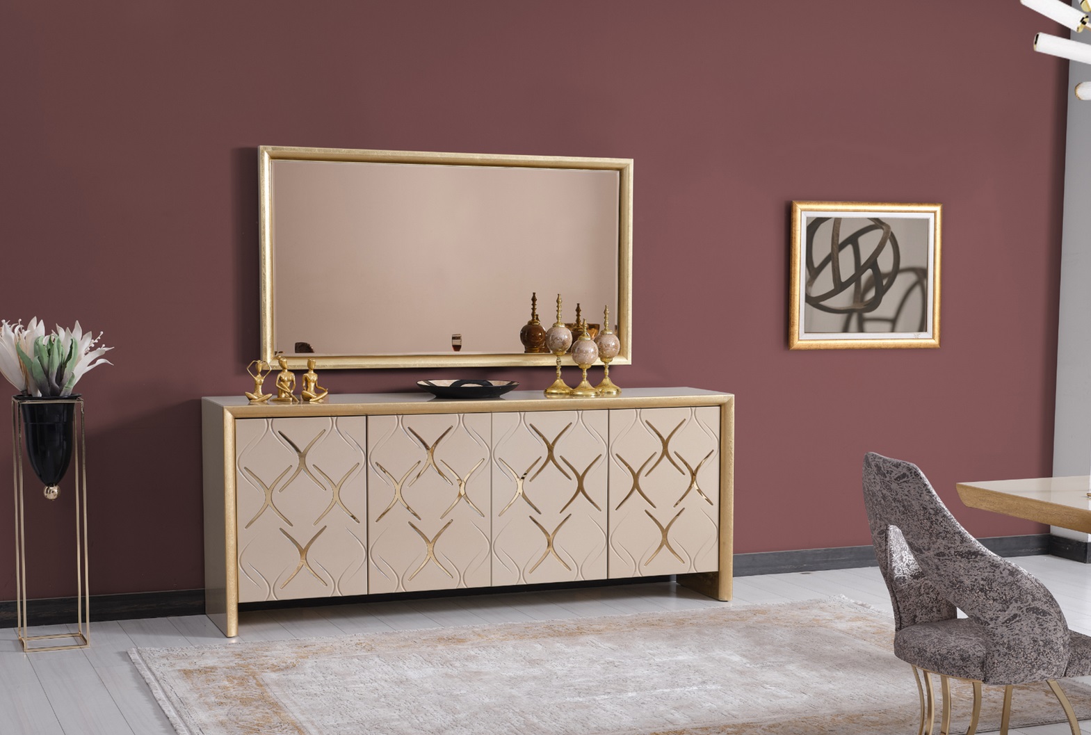Esszimmer Garnitur Sideboard mit Spiegel Luxus Sideboard Holz beige 2tlg