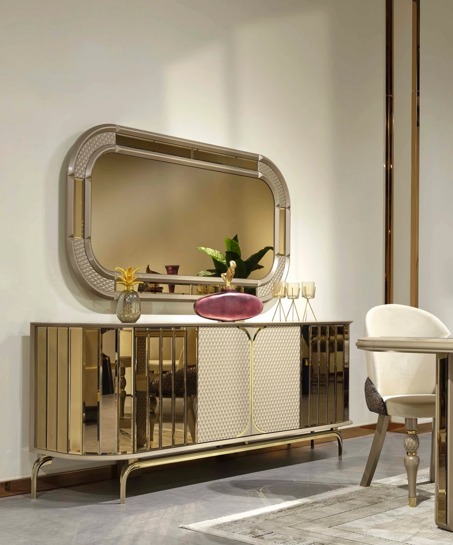 Designer Sideboard Gold Beige Spiegel Holz Anrichte Design Möbel Konsole