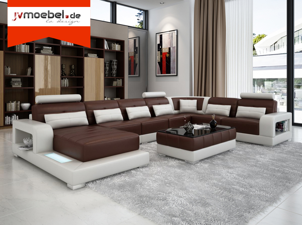 XXL Big Couch Polster Eck Leder Sofa Garnitur Couchen +Licht Wohnlandschaft Sofa