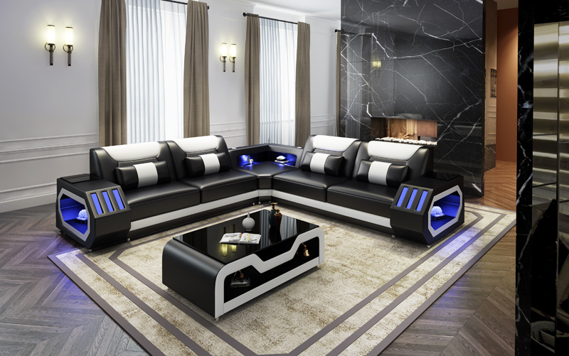 Ledersofa Couch Polster Designersofa Leder Sofas Sofa L-Form USB Soundboxen Neu