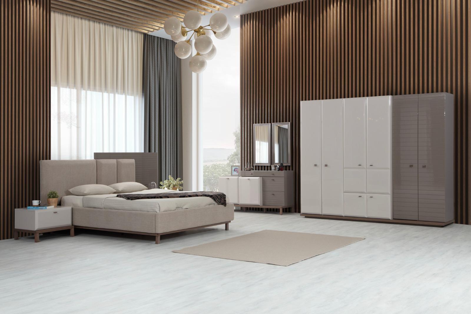 Beiges Exklusive Schlafzimmer Garnitur Doppelbett Nachtkonsolen Schrank