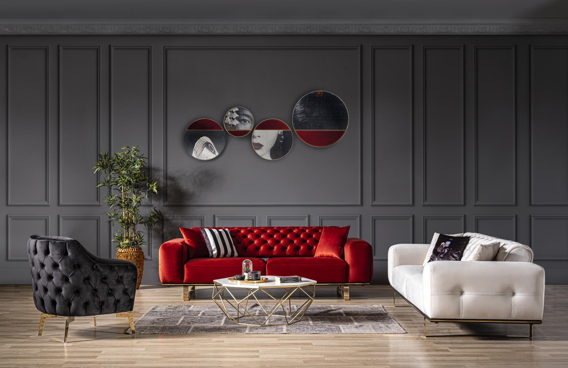 Sofagarnitur 331 Sitzer Sofa Sessel Stoff Rot Chesterfield Luxus Sitz