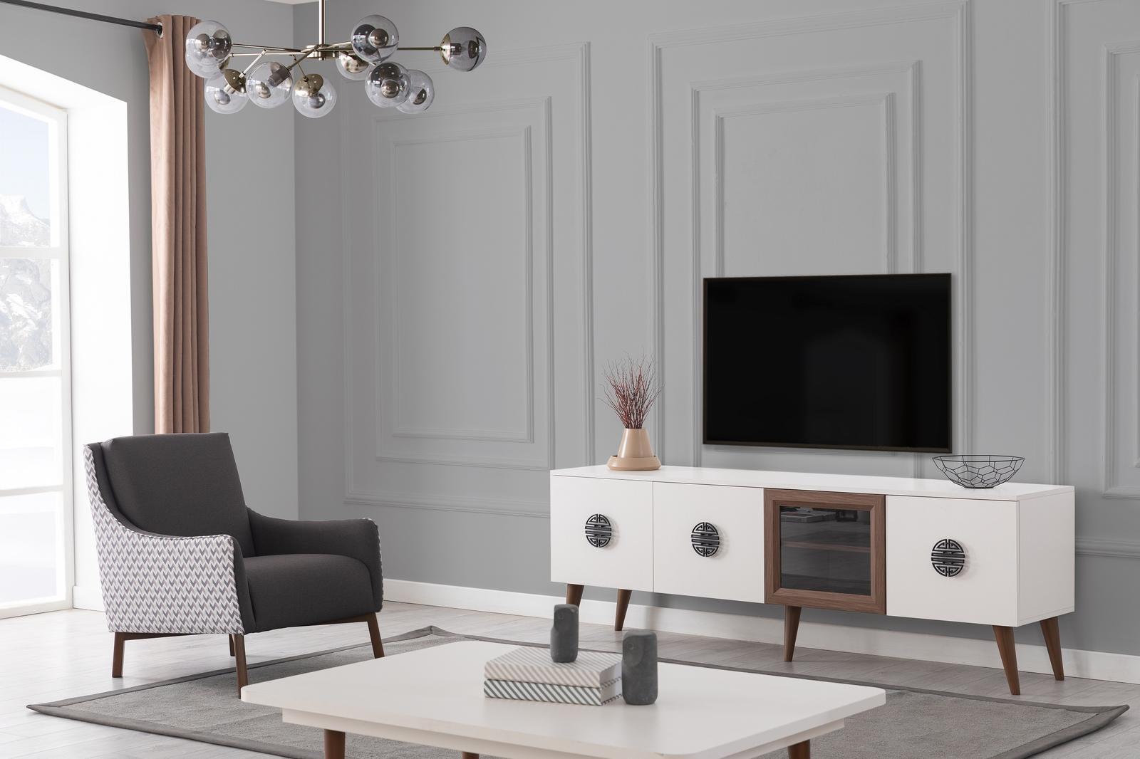 Weiße Wohnzimmer Garnitur TV-Schrank Rechteckiger Couchtisch Holz Möbel