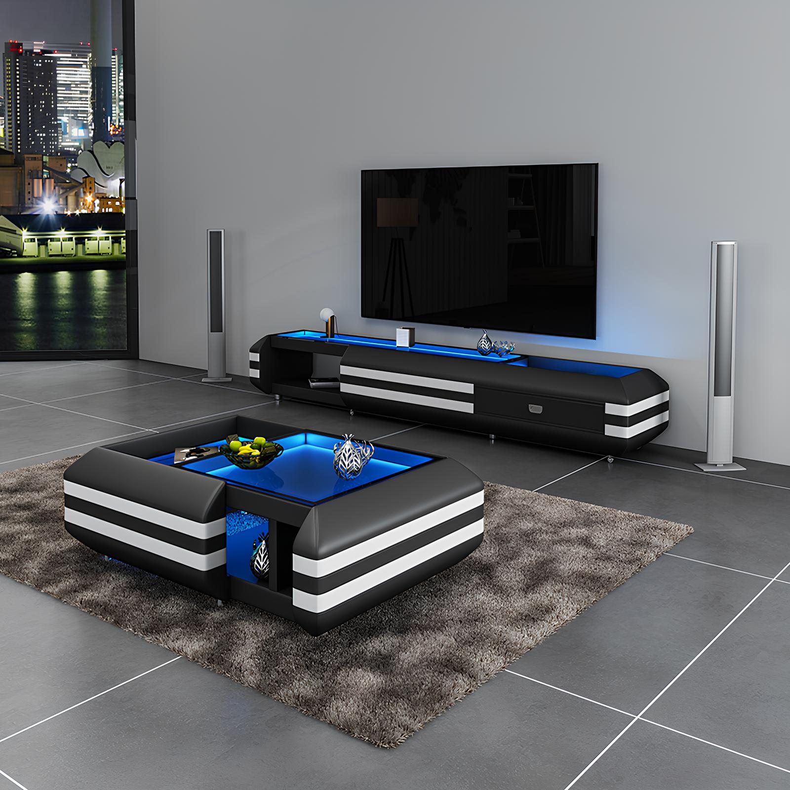 Couchtisch Sideboard 2tlg Led Beleuchtete Wohnzimmer Möbel Tisch Lowboard Glas