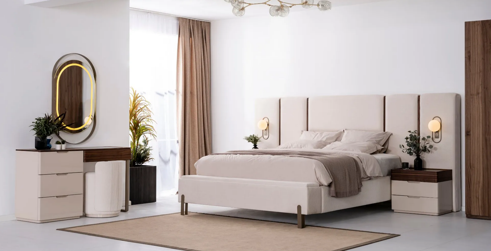 Beige Schlafzimmer Garnitur Edles Doppelbett Textil Hocker Schminktisch