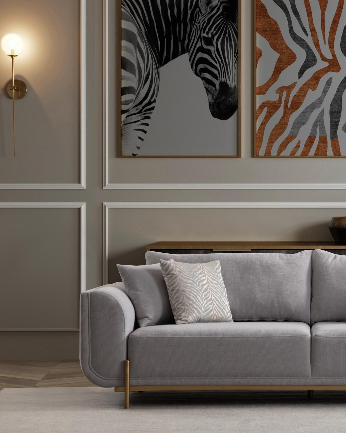 Sofa 3 Sitzer Grau Einfarbig Edelstahl Gold Fuße Arbeitszimmer Modern