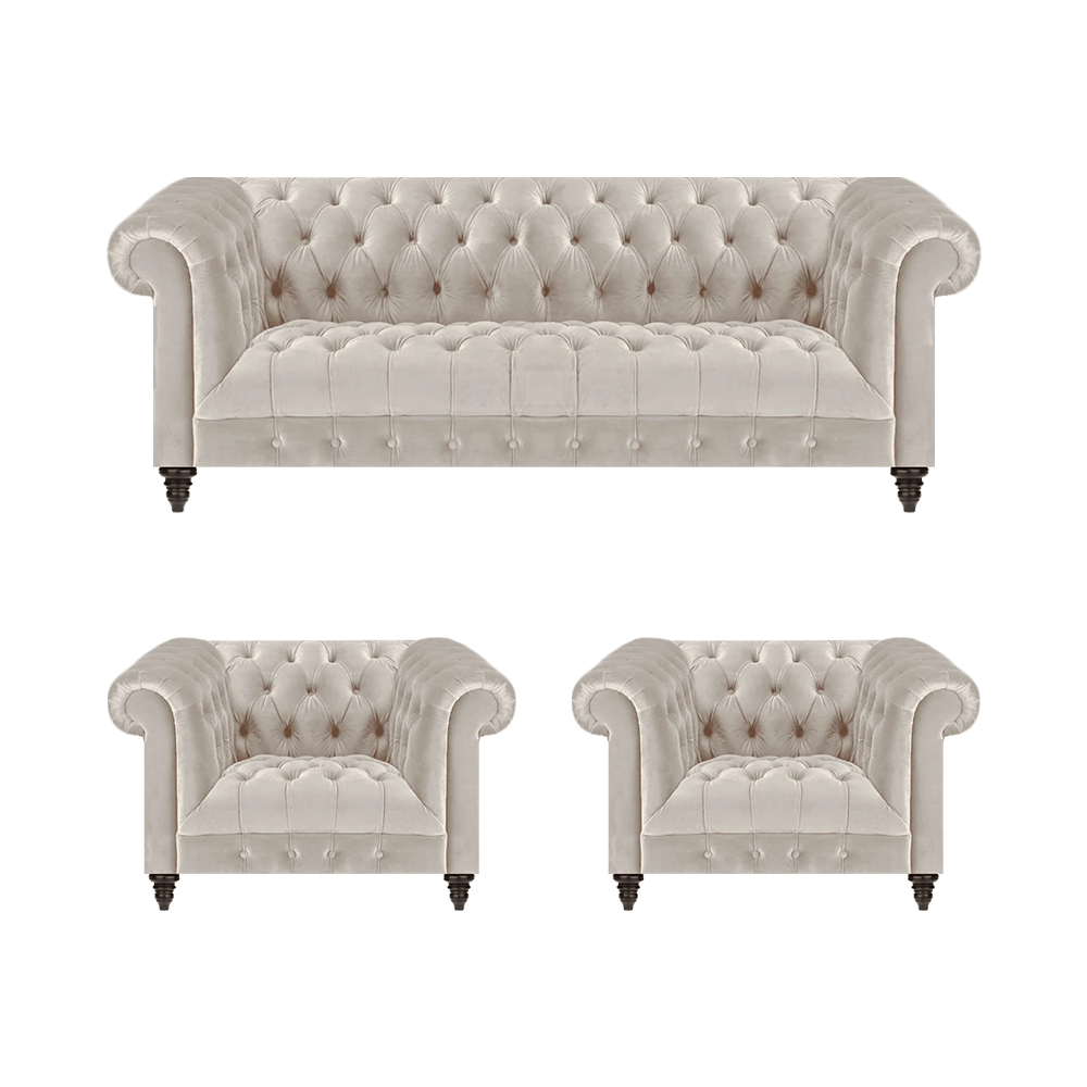 Stilvolle Chesterfield Couchgarnitur Moderne Textilcouch 2x Lehnsessel