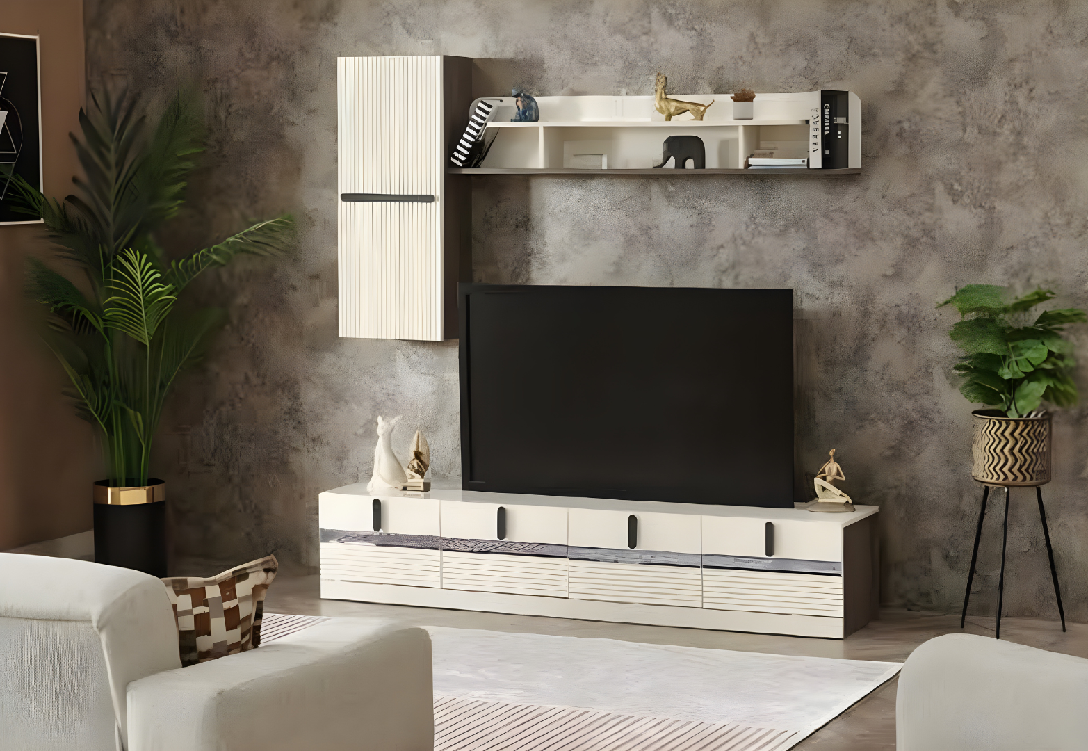 Wohnzimmer Set 3tlg Wohnwand TV Ständer Holzmöbel Wandschrank Komplett Wandregal