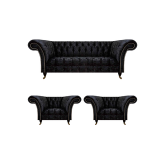 Designer Schwarze Chesterfield Garnitur Edle Lehnsessel Polster 3-Sitzer