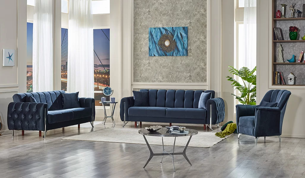 Blau Sofa Komplett 3+3+1 Sitzer PolsterWohnzimmer Polstermöbel Textil