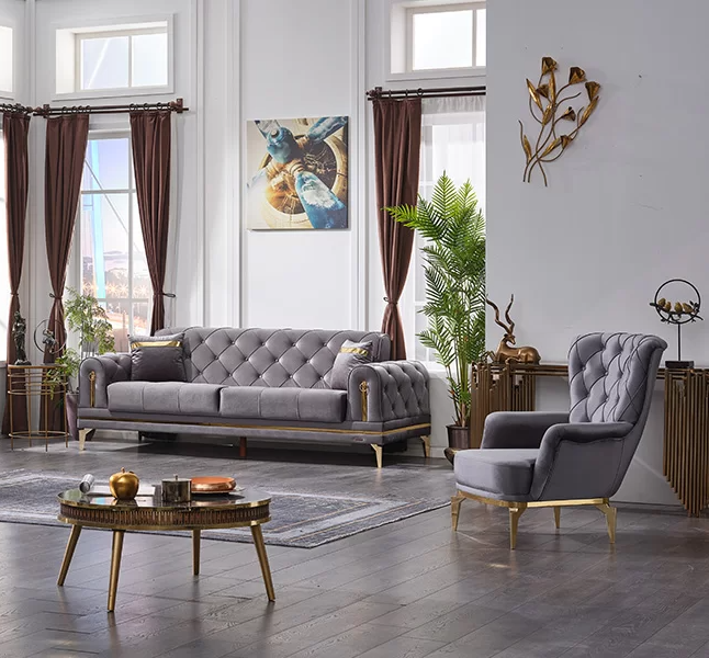 Luxus Sofa 3 Sitzer mit Sessel Couchgarnitur Wohnzimmer Chesterfield Grau