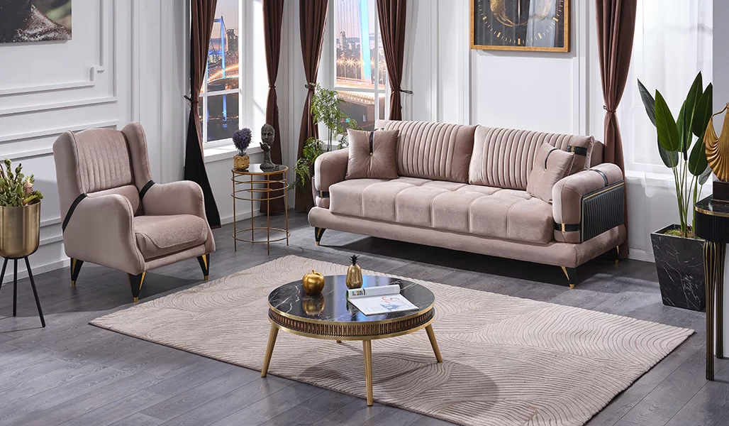 Couchgarnitur Sofa Set 3+1 Sitzer Modern Wohnzimmer Beiige Polstermöbel