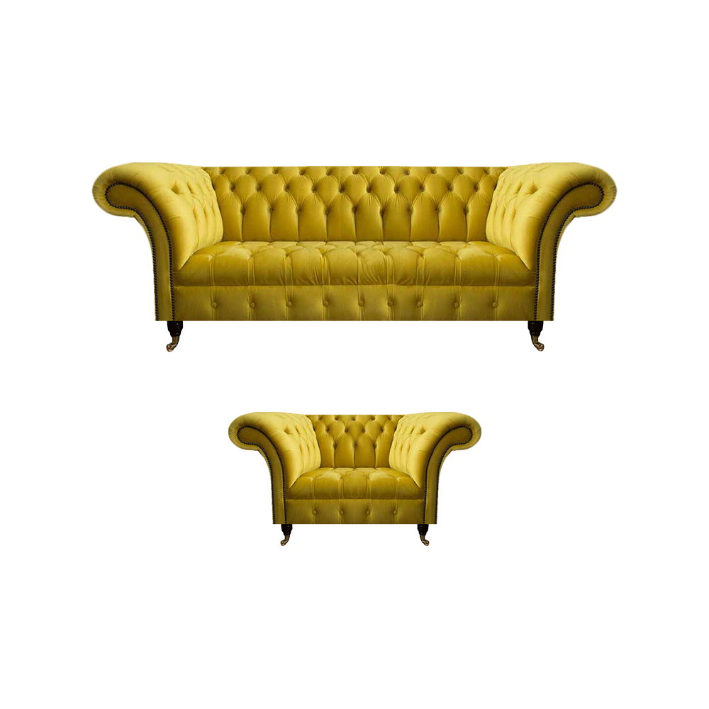 Moderne Gelbe Chesterfield Polstergarnitur Edler 3-Sitzer Textilsessel