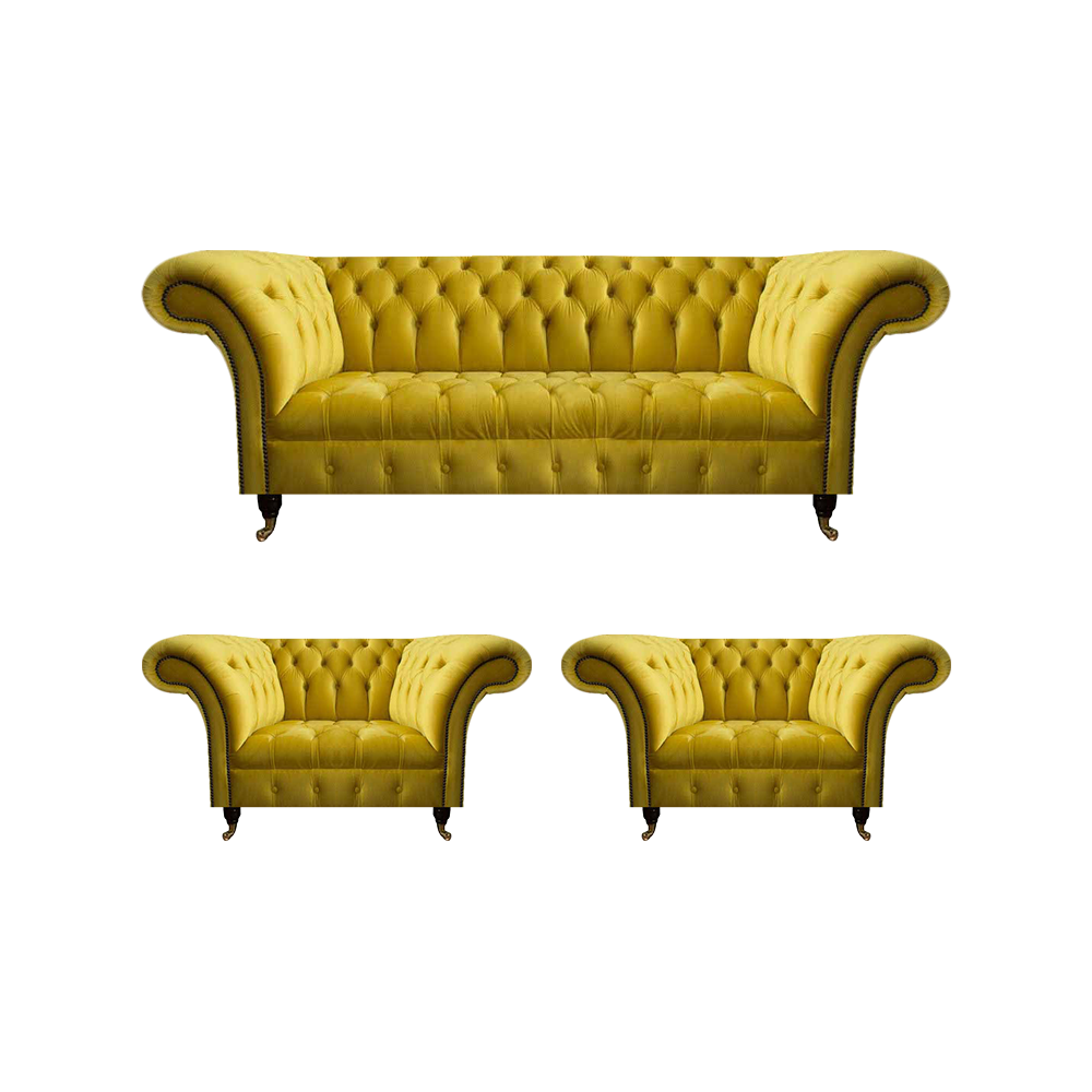 Designer Gelbe Chesterfield Polstergarnitur Komplettes Textil 3tlg Set