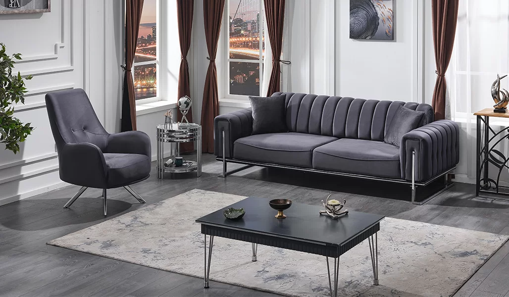 Sofa Set 3+1 Sitzer Wohnzimmer Luxus Chesterfield Grau Sofagarnitur
