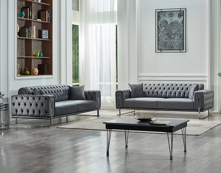 Luxus 2x Sofa Dreisitzer Couchen Chesterfield Grau Polstermöbel Wohnzimmer