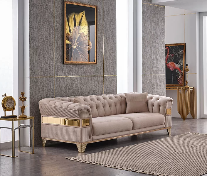 Chesterfield Design Sofa 3 Sitzer Wohnzimmer Luxus Polstermöbel Couch Beige