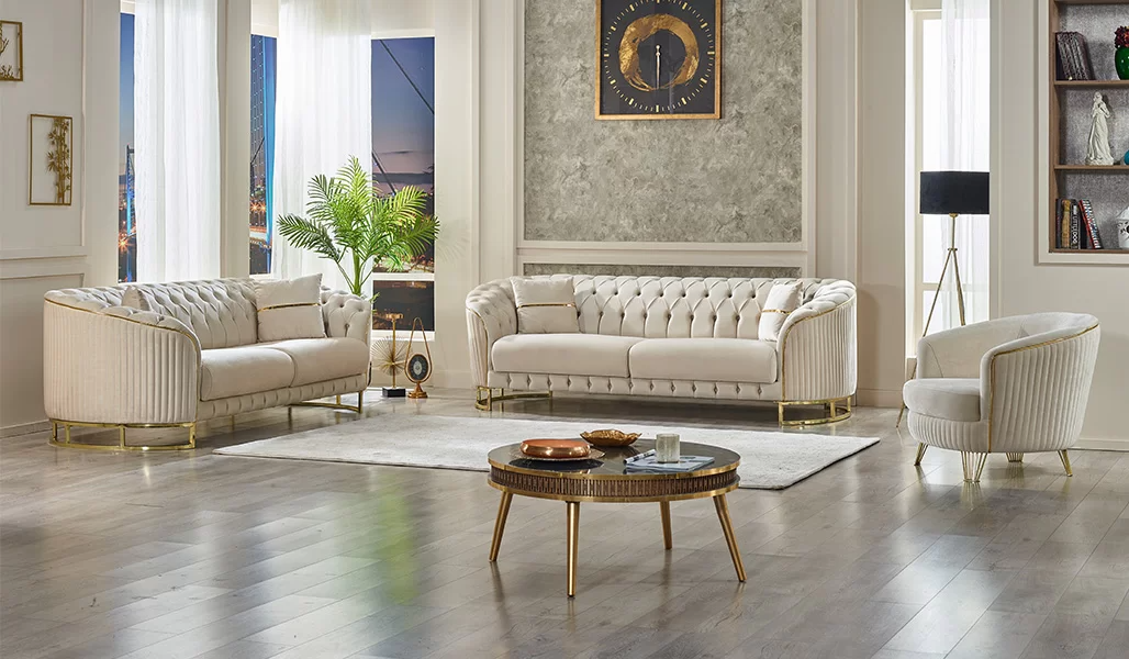 Weiß Sofagarnitur 3+3+1 Sitzer Wohnzimmer Modern Textil Polstermöbel