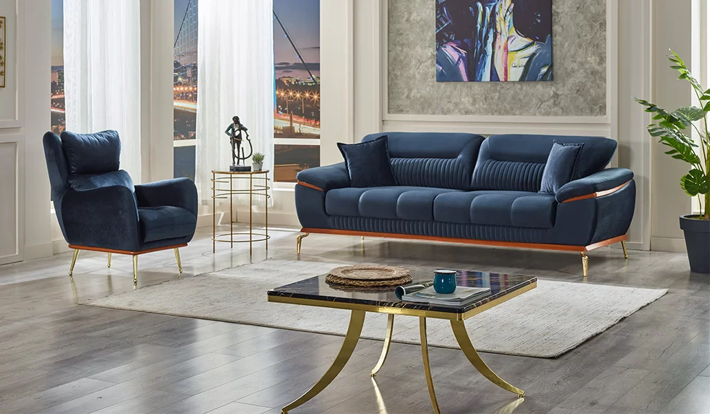 Sofagarnitur Komplett 3+1 Sitzer Wohnzimmer Textil Blau Modern Polstermöbel