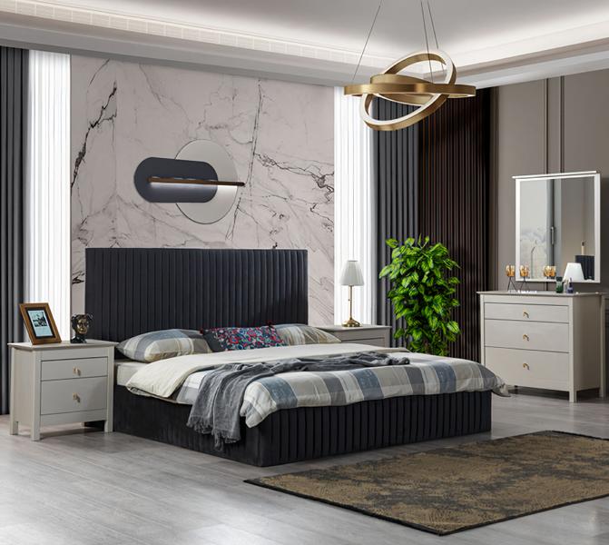 Komfortables Schlafzimmer Set Möbel 2x Nachttische Kommode Bett Schwarz 4tlg.