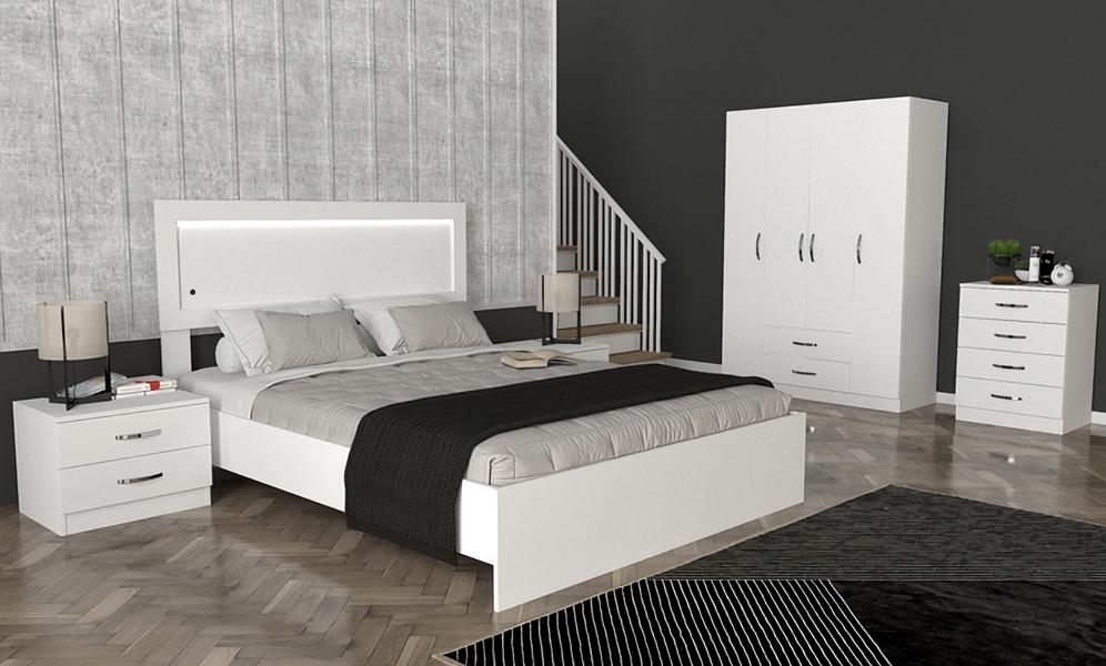 Komfortables Schlafzimmer Möbel Set 2x Nachttische Kommode Bett Schrank 5tlg.
