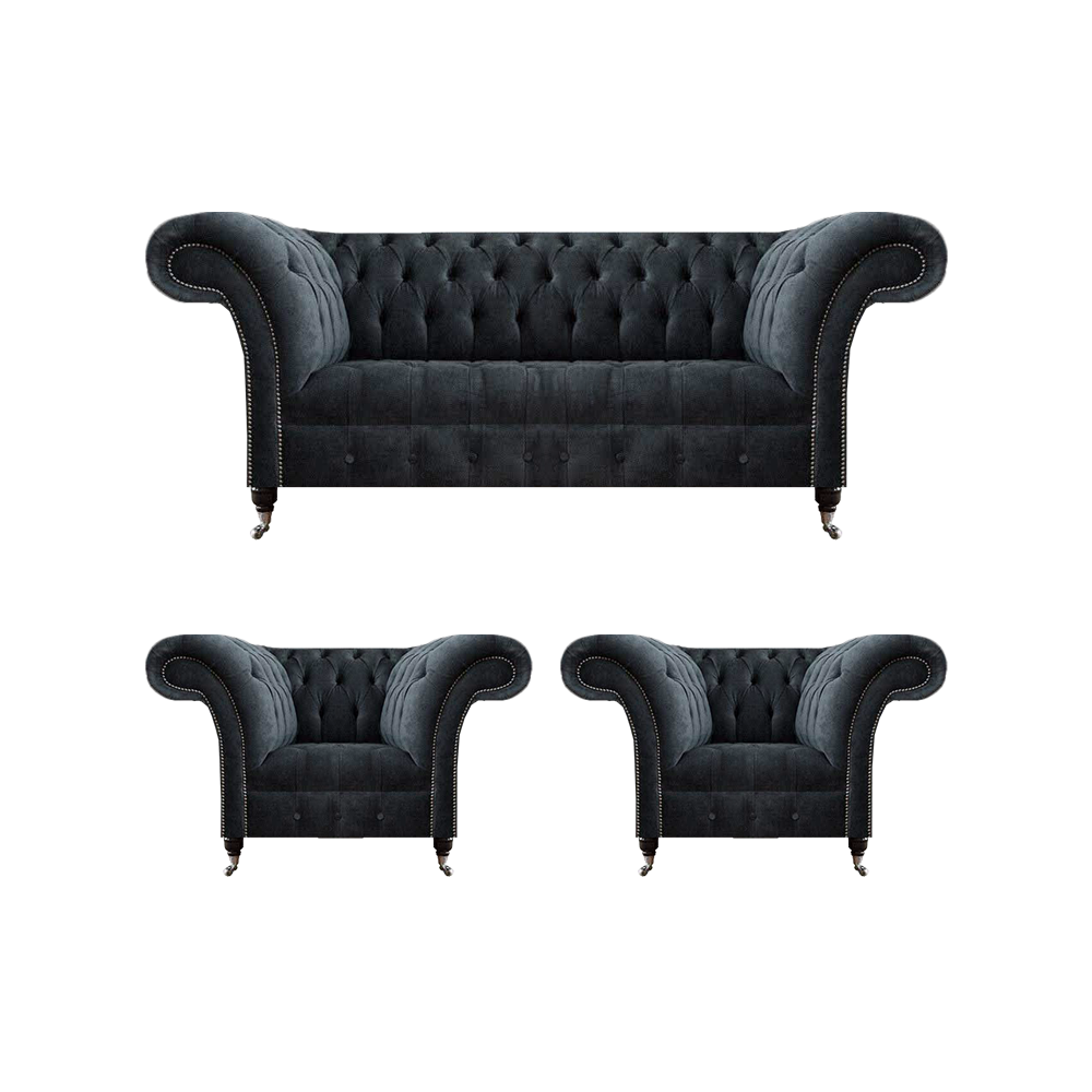 Moderne Sofas Set 3tlg Grau Chesterfield Luxuriöse Sofagarnitur Wohnzimmer