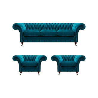 Chesterfield Blaue Couchen Polstersofas Wohnzimmer Textil Sitzmöbel 3tlg