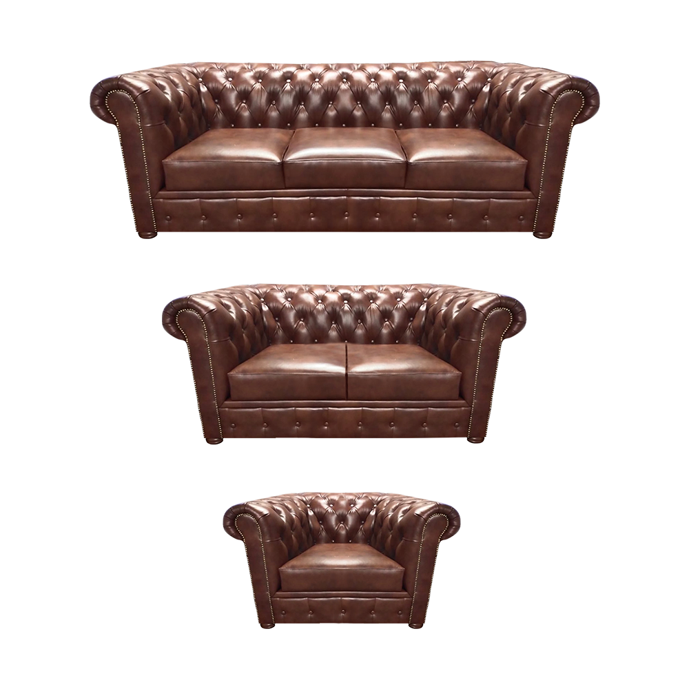 Chestefield Sofa Set Couch Leder Designer Leder Sitz Polster Braun 3tlg Neu