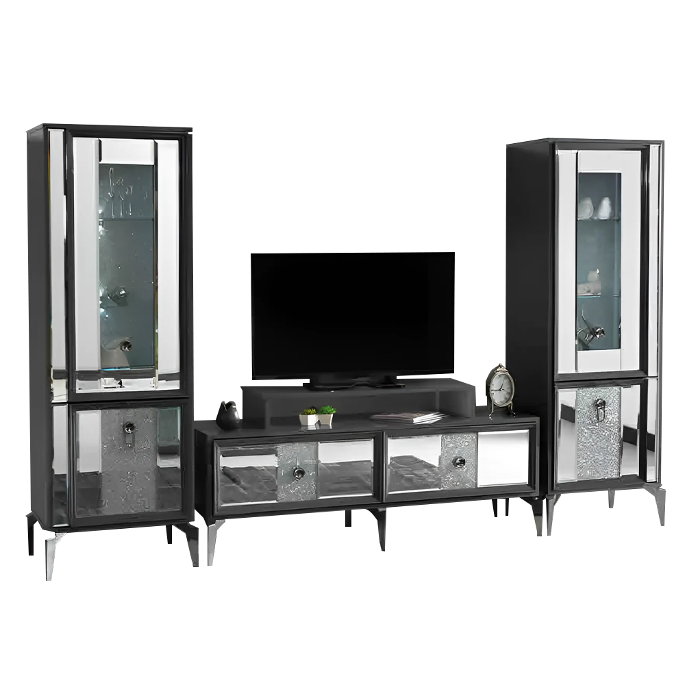 Wohnwand Komplette RTV Lowboard TV Ständer Vitrine Grau 3tlg Schrank
