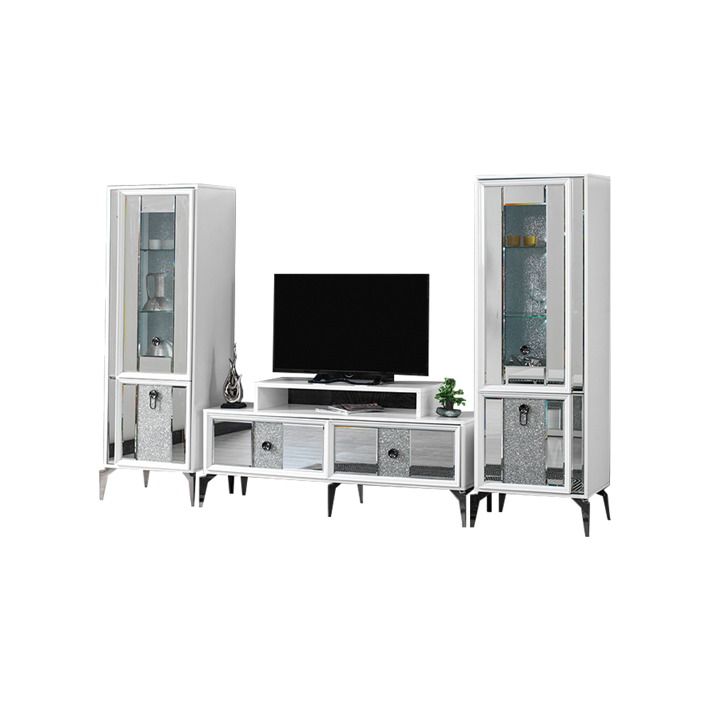Komplette Wohnzimmer RTV Lowboard TV Ständer Vitrine Weiß 3tlg Schrank