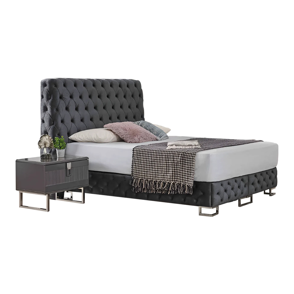 Graues Chesterfield Doppelbett Luxuriöse 2x Holz Nachttische 3tlg Set