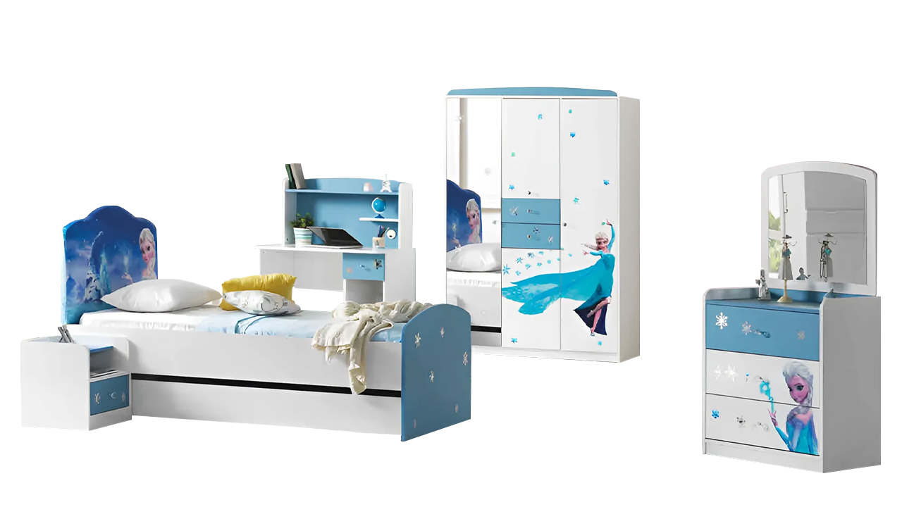 Komplette Kinderzimmer Bett Schrank Tische 5tlg Blau Holz Etagenbett