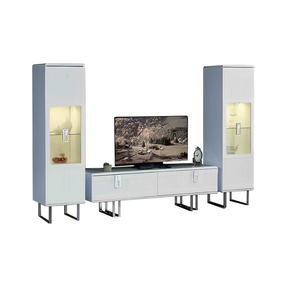 Garnitur Vitrinen Schränke TV Ständer Weiß Wohnzimmer 3tlg Sideboard