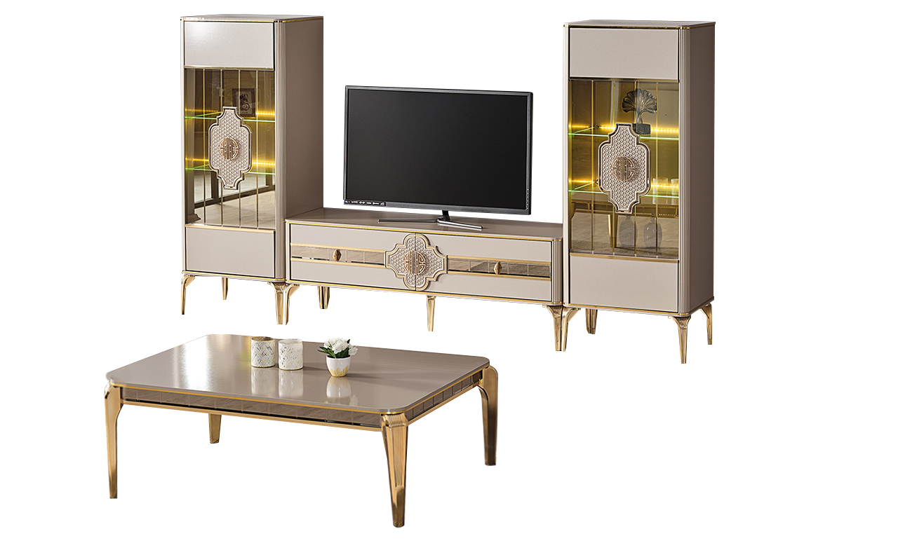 Wohnzimmer Garnitur TV Ständer Vitrinen Couchttisch Schrank Beige 4tlg