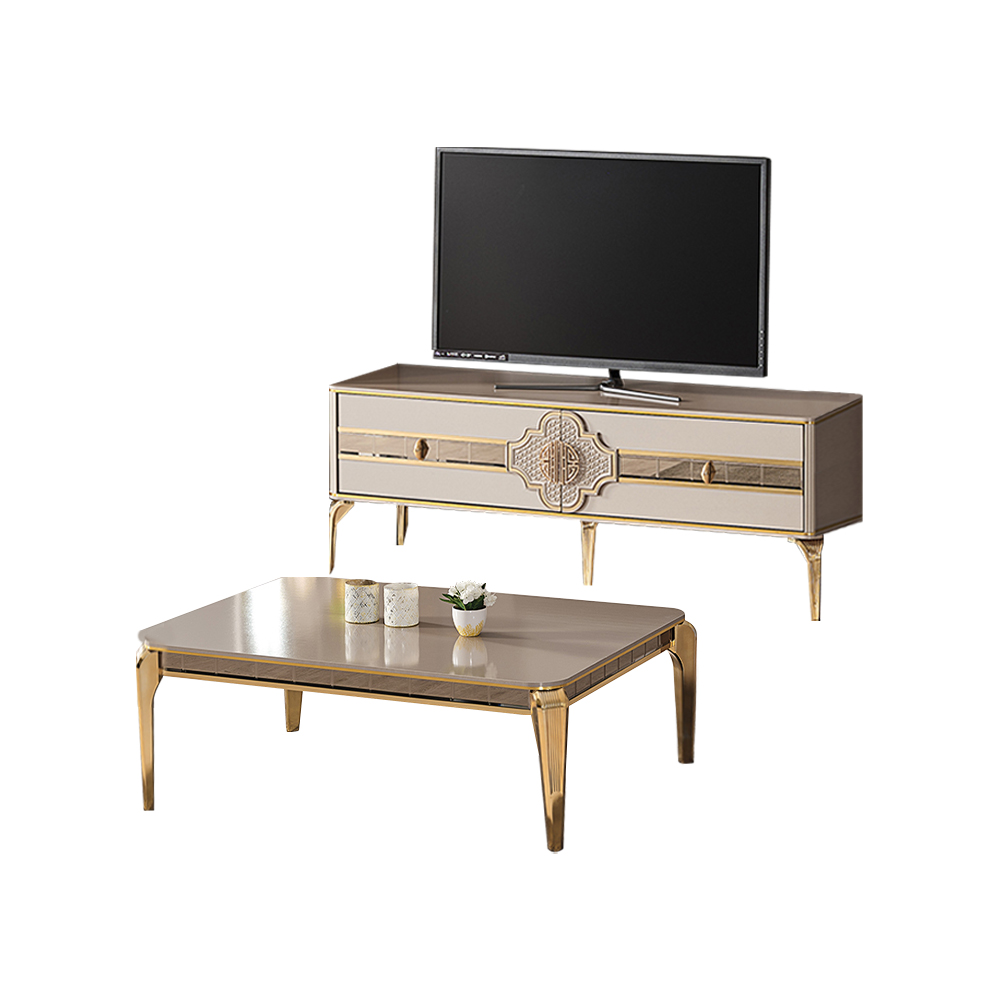 Komplette Wohnzimmer TV Ständer Sofatisch Sideboard Beige RTV Lowboard 2tlg