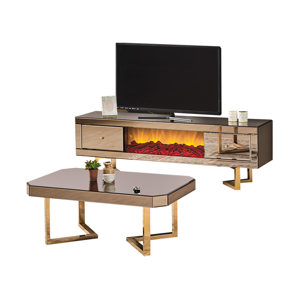Garnitur TV-Ständer Couchtisch Set 2tlg Sideboard Gold Wohnzimmer