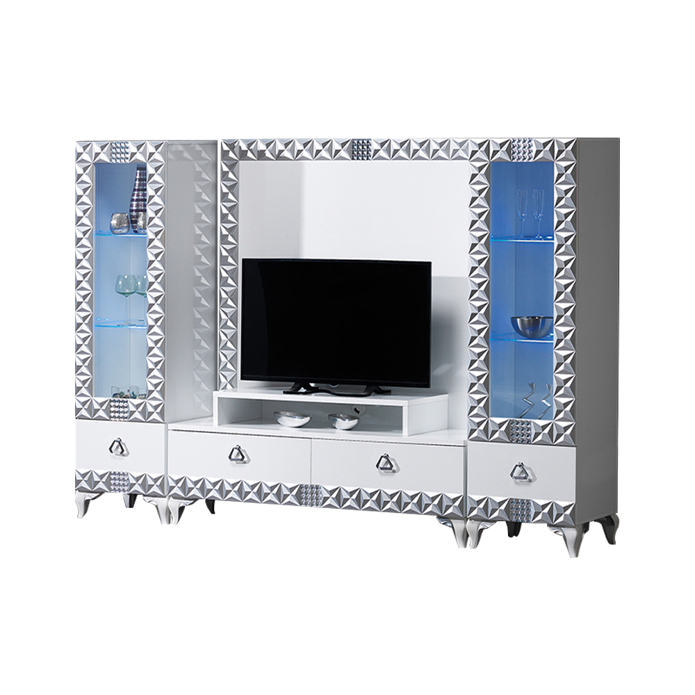 Wohnwand RTV Lowboard TV Ständer Vitrinen Weiß 3tlg Schrank Sideboard