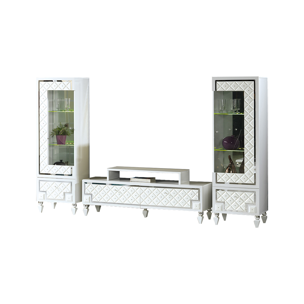 Komplette Wohnzimmer RTV Lowboard TV Ständer Vitrine Weiß 3tlg Schrank