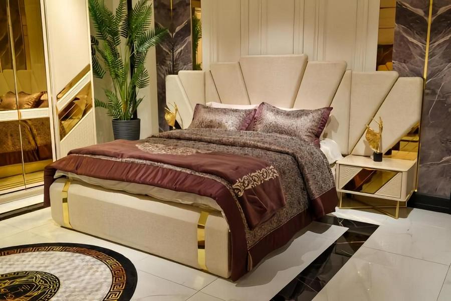 Doppelbett Nachttische Verspiegelt Beige Gold Komplett Schlafzimmer 3tlg