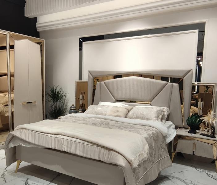 Komplett Schlafzimmer Doppelbett Nachttische mit Spiegel Beige Gold 3tlg
