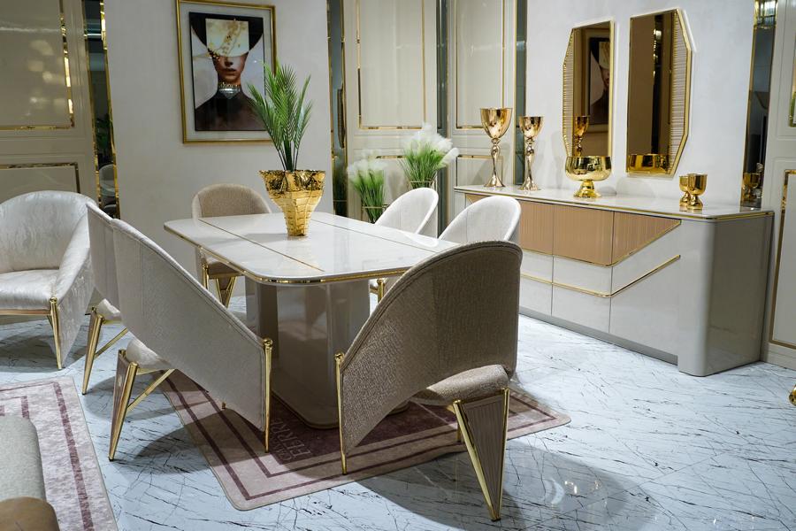 Modern Stilvolle Eszzimmer Set Esstisch 6x Stühle Komplett Sideboard mit Spiegel