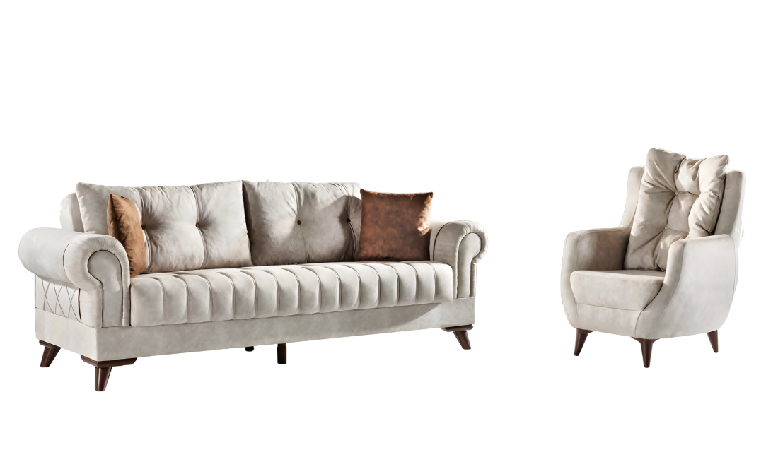 Sofagarnitur Wohnzimmer Set 3-Sitzer Sofa Sessel Beige 2tlg. 3+1