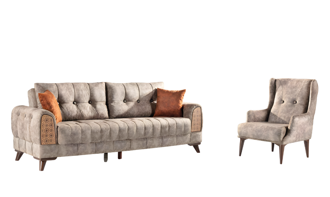 Sofagarnitur 3+1 Sitz Garnitur Set Sofas Sessel Holz Textil Couchgarnitur