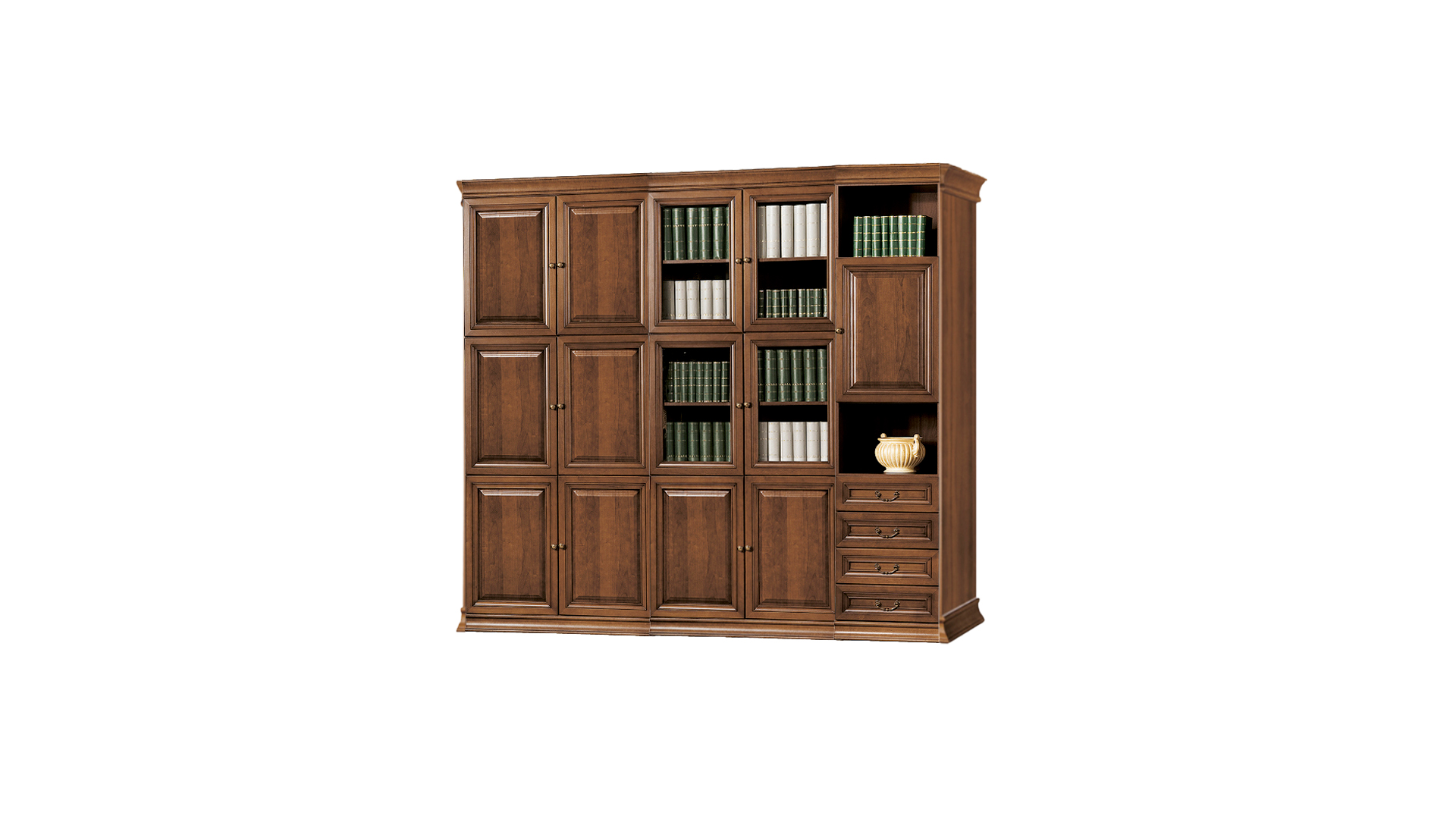 Stilvoller Brauner Büroschrank Massivholz Glastüren Arbeitszimmer Regale