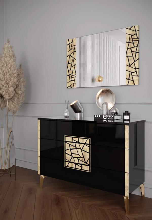 Kommode Spiegel Rechteckig Wohnzimmer Hochglanz Schwarz Gold Siebdruck