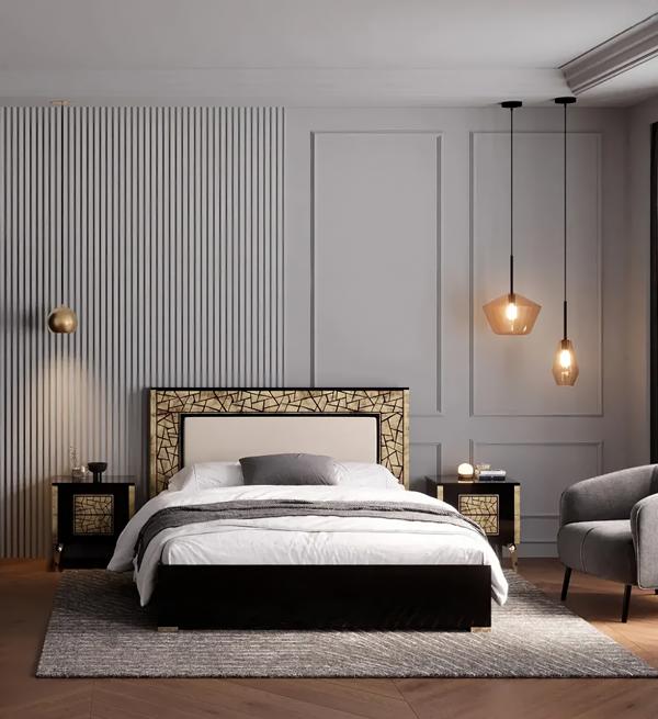 Schlafzimmer Komplette Bett Nachttische Schwarz Gold Siebdruck Holz
