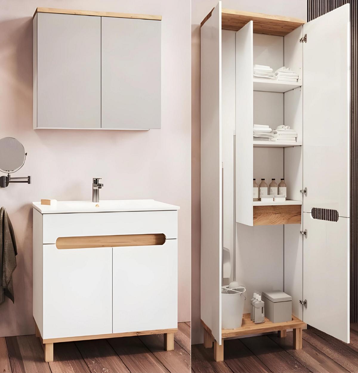 Design Badezimmer Möbel 4tlg Set Schrank Waschbecken Wandschrank mit Spiegel